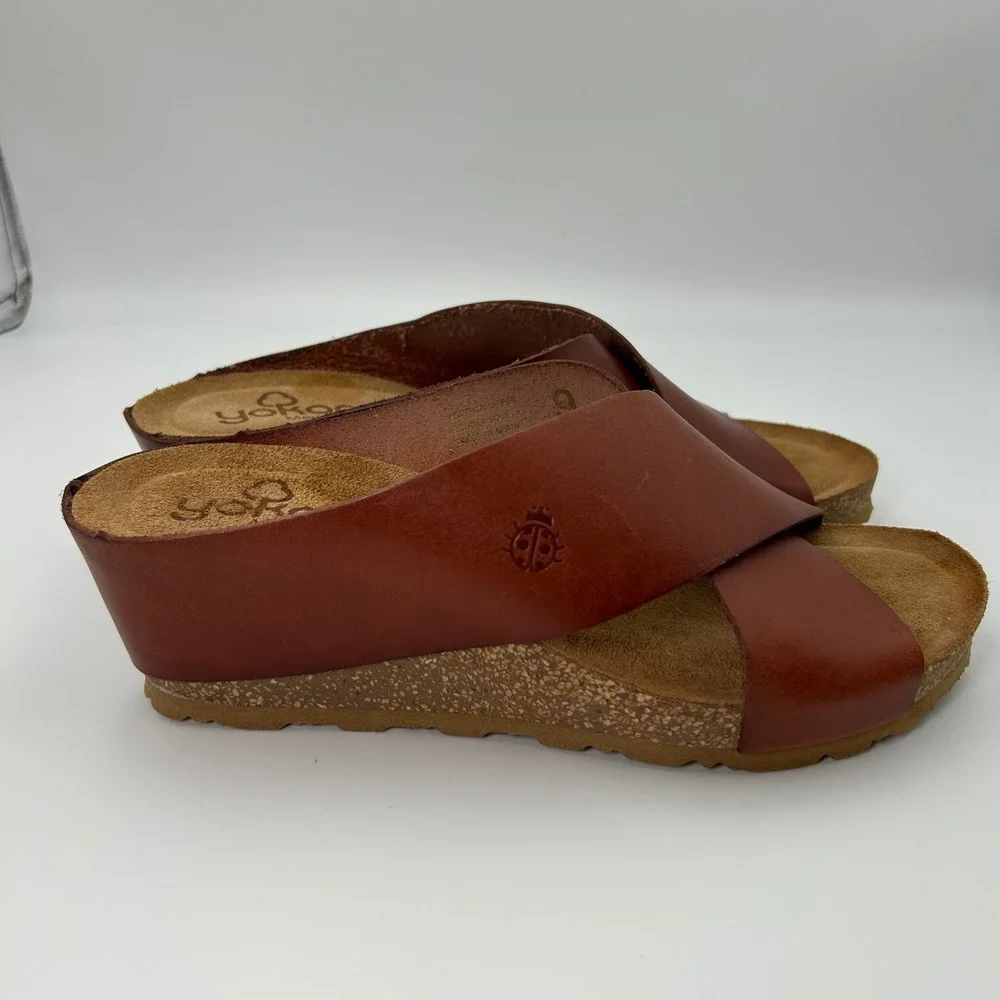 New Yokono Wedge‎ Sandals Women 9 Brown Excellent Leather Cross Strap Made Spain